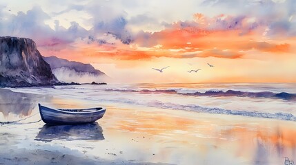 Serene Sunset Seascape with a Small Boat on Sandy Shore