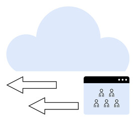 Cloud with bidirectional arrows connected to a browser window featuring user icons. Ideal for teamwork, data sharing, cloud storage, online collaboration, networking, productivity, abstract line flat