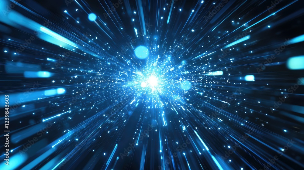 Poster vibrant blue and light particle burst with radiant energy rays emitting from a central point, creati