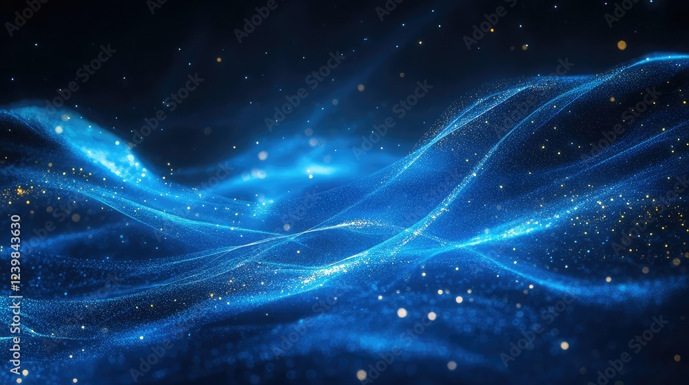 Poster ethereal blue waves with sparkling particles creating a dreamy and mystical background for technolog
