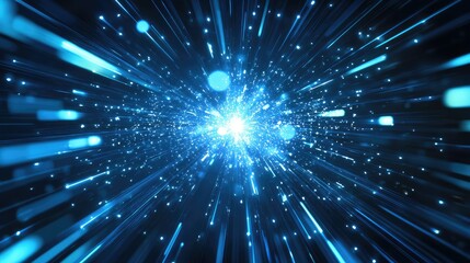 Vibrant Blue and Light Particle Burst with Radiant Energy Rays Emitting from a Central Point, Creating a Visual Effect of Motion and Wonder in a Cosmic Environment