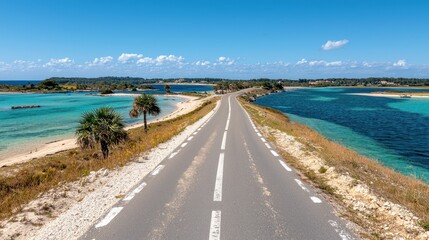 A scenic road surrounded by vibrant turquoise waters and lush greenery under a clear blue sky.