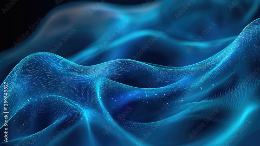 Poster ethereal flow of blue waves illuminated by subtle light, capturing the serene movement of glowing pa