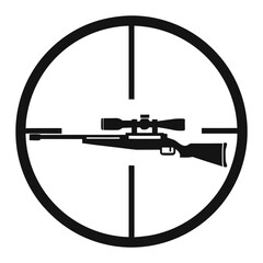 Naklejka premium Black silhouette of a sniper rifle inside a crosshair scope, vector illustration of a firearm targeting symbol isolated on white background for military, hunting, and shooting-related designs