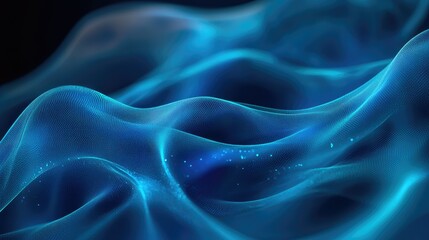 Obraz premium Ethereal Flow of Blue Waves Illuminated by Subtle Light, Capturing the Serene Movement of Glowing Particles in a Dreamy, Abstract Background