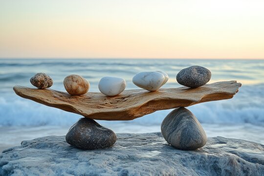 Symbol of balance, capturing stones stacked in perfect harmony, showcasing the delicate equilibrium of nature, offering a serene view of balanced elements, evoking peace and stillness in every moment.
