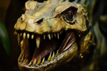 A fearsome reptilian creature head snarls menacingly
