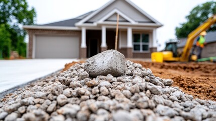 Construction site with gravel and a new house in the background.