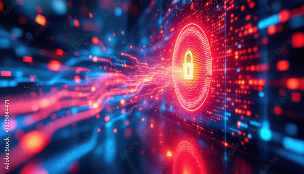 Poster digital data security with futuristic lock and data streams in neon colors