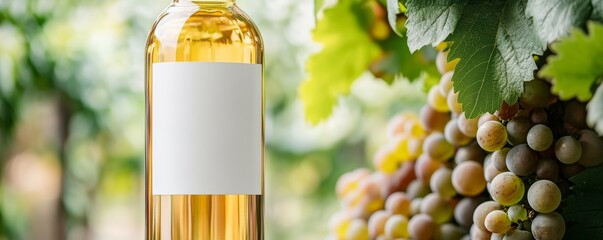 Fototapeta premium Flat white label applied to a clear bottle in a bright vineyardinspired setup