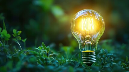 Light Bulb Glowing Brightly in Green Leaves, Symbolizing Innovation, Nature, and Eco-Friendly Solutions in a Vibrant Outdoor Setting Full of Life and Energy