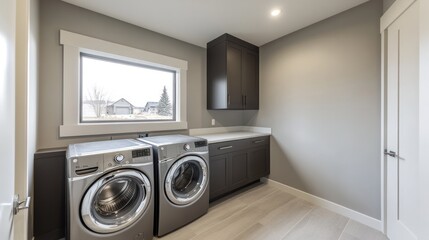 Modern Laundry Room Design with Gray Walls and Stainless Steel Appliances