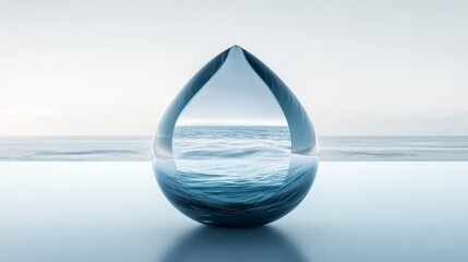 Obraz premium 9.An artistic representation of a giant glass droplet placed on a still surface, resembling a water mirror. Its transparency reveals a serene underwater scene inside, framed by a soft blue gradient