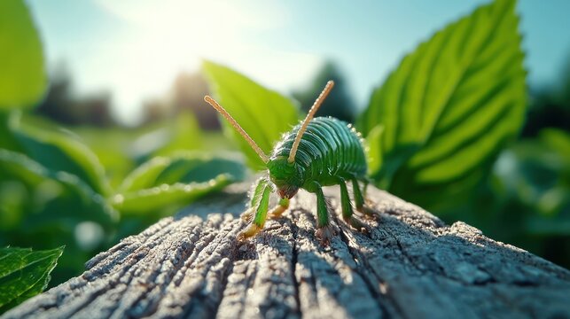 A close-up of a green insect on a log, surrounded by vibrant leaves and sunlight.