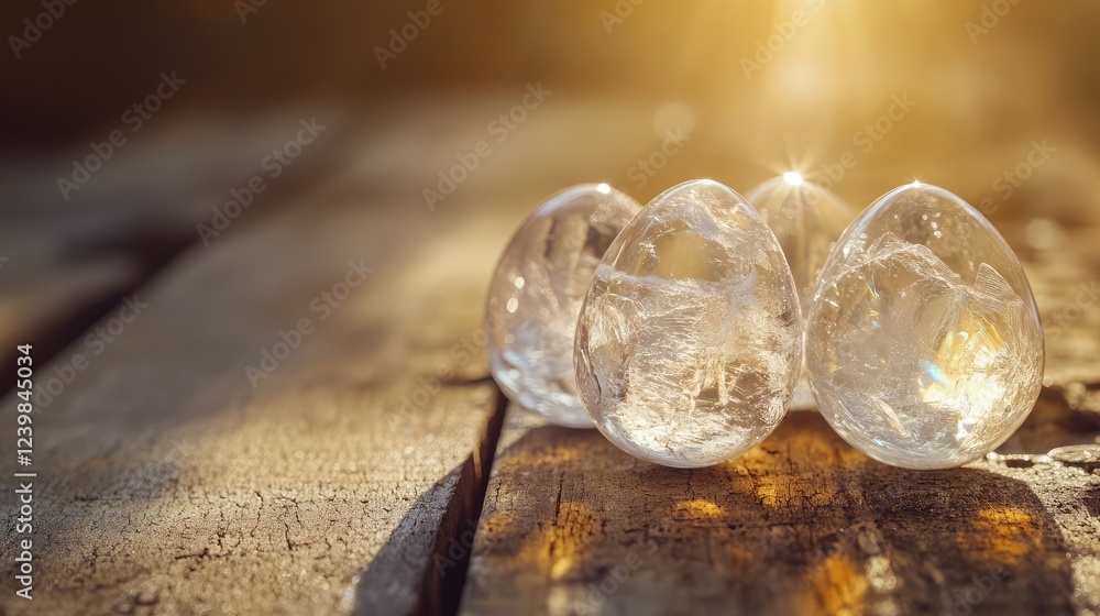 Poster crystal clear ice eggs on rustic wooden surface with warm evening light creating a serene and calm a