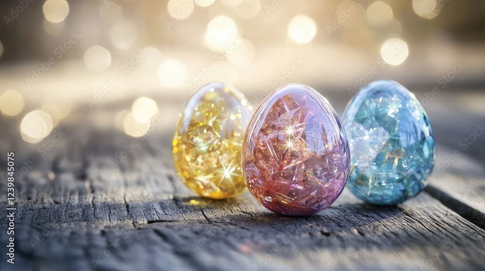 Poster glimmering crystal easter eggs with a sparkling background on rustic wooden surface ideal for spring