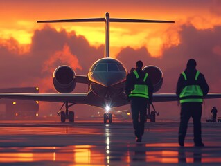 ground crew members in reflective jackets guiding a private jet onto the tarmac at sunset - ai