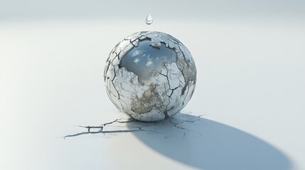 105.A conceptual depiction of a cracked and arid Earth resting on a white surface, with a faint shadow. A small, pristine droplet of water hovers above the globe, representing hope amidst scarcity.