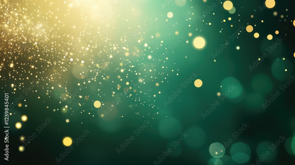 Poster abstract background with floating golden and green bokeh particles creating a magical and dreamy spr
