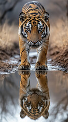 Fototapeta premium strong and ferocious tiger standing on the bank, with a clear reflection of the tiger on the water surface