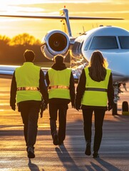 ground crew members in reflective jackets guiding a private jet onto the tarmac at sunset - ai
