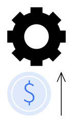 Black gear symbolizing productivity, blue coin with dollar sign suggesting financial matters, and a black upward arrow indicating growth. Ideal for business, finance, economics, productivity
