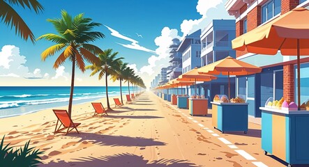 Obraz premium Sandy beach road lined with beach umbrellas and ice cream stands illustration