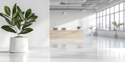Cosy office: spacious layout, bright lighting, green accents, calming atmosphere, blank text space, modern decor, tranquil environment, natural elements, creative workspace, minimalist design.