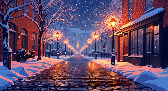 Snow covered cobblestone street with flickering torchlight illustration