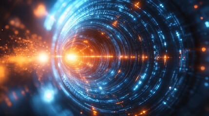 Obraz premium Abstract swirling light tunnel, blue and orange hues. Ideal for tech, data, or futuristic concepts.