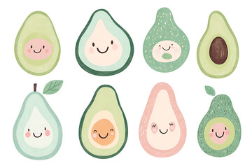 Cute Avocado Characters: A collection of adorable, cartoon-style avocado illustrations, each with a unique and playful personality. Perfect for adding a touch of whimsy and fun to your projects.