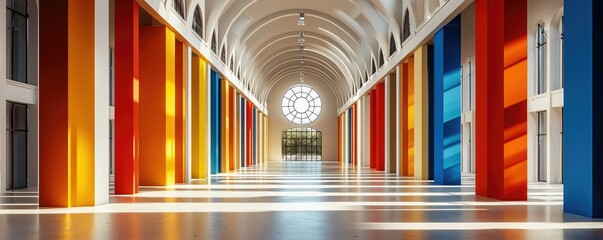 Fototapeta premium A vibrant corridor with colorful pillars and a large circular window at the end, creating a bright, inviting atmosphere.