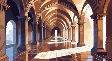 Spacious corridor with high vaulted ceilings supported by massive stone arches illustration