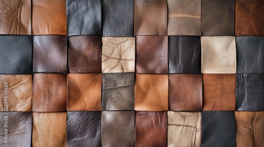Poster decorative arrangement of various leather textures showcasing a range of natural tones and finishes 