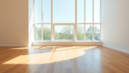 Fototapeta premium Minimalist Interior Design: Empty Room with Wood Floor and Large Windows