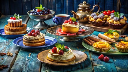 Naklejka premium Rustic Homemade Desserts on Vintage Dishes