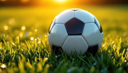 Soccer ball on lush green grass at sunrise with dew droplets