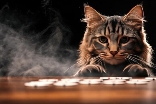 A fluffy tabby cat observing poker chips on a table