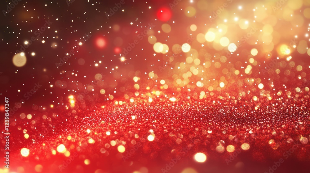 Poster sparkling red and gold glitter background filled with soft lights and bokeh effect ideal for celebra