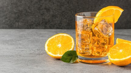 Fototapeta premium A refreshing drink with ice and orange slices on a textured surface.