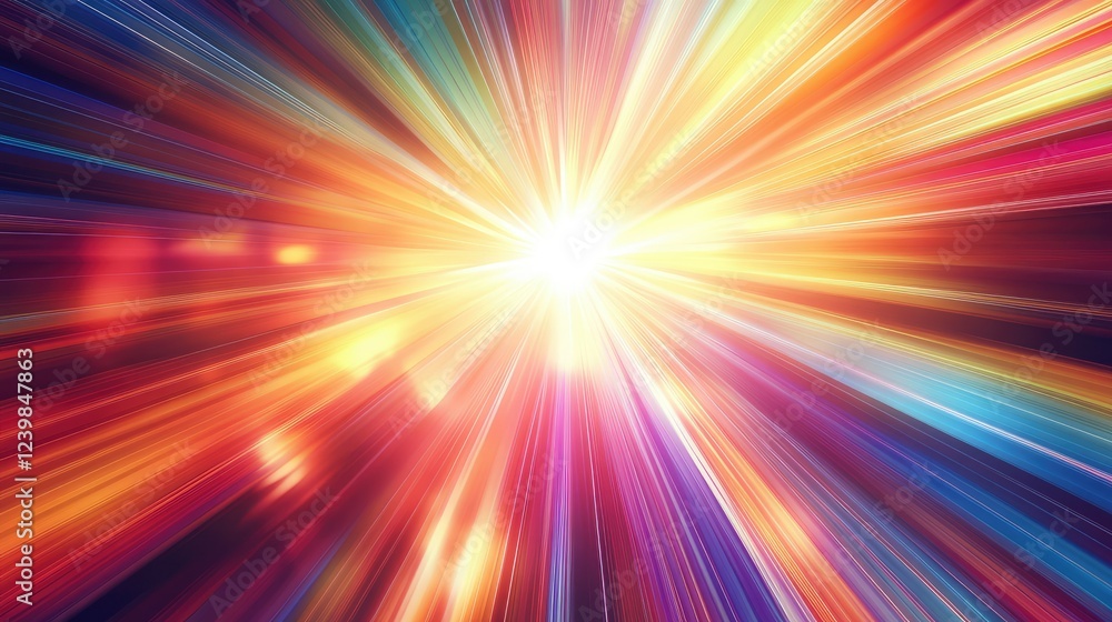 Poster vibrant burst of light with colorful rays emitting in various directions, creating an energetic and 