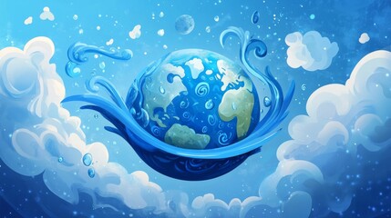 46.A dynamic cartoon illustration of a happy blue Earth, its surface covered in miniature water-themed designs. The Earth is encircled by a flowing blue ribbon, with a backdrop of soft clouds and
