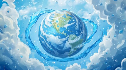 46.A dynamic cartoon illustration of a happy blue Earth, its surface covered in miniature water-themed designs. The Earth is encircled by a flowing blue ribbon, with a backdrop of soft clouds and