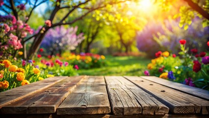 Rustic Wooden Table in Spring Garden - Blurred Background Stock Photo