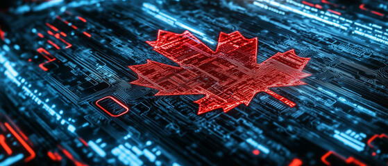 A glowing red maple leaf, symbolizing Canada, is integrated into a futuristic blue and red circuit board, representing technology and innovation.