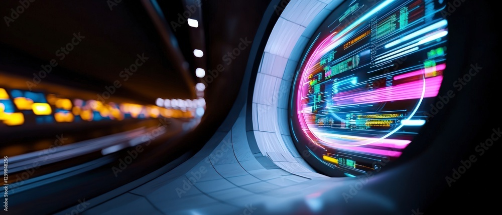 Poster futuristic tunnel data stream neon lights abstract background sci fi technology