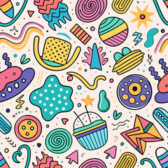 Seamless pattern with vibrant, playful doodles and abstract shapes in a retro style.