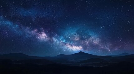 Breathtaking Night Sky with Twinkling Stars and Vibrant Milky Way Over Serene Mountain Landscape at Dusk