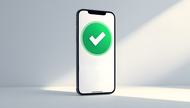 check mark on green round circle isolated on smart phone display security protection concept