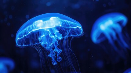 Fototapeta premium Ethereal Glowing Jellyfish Swimming Gracefully in Deep Blue Ocean Waters, Showcasing Bioluminescence and Delicate Textures of Underwater Life